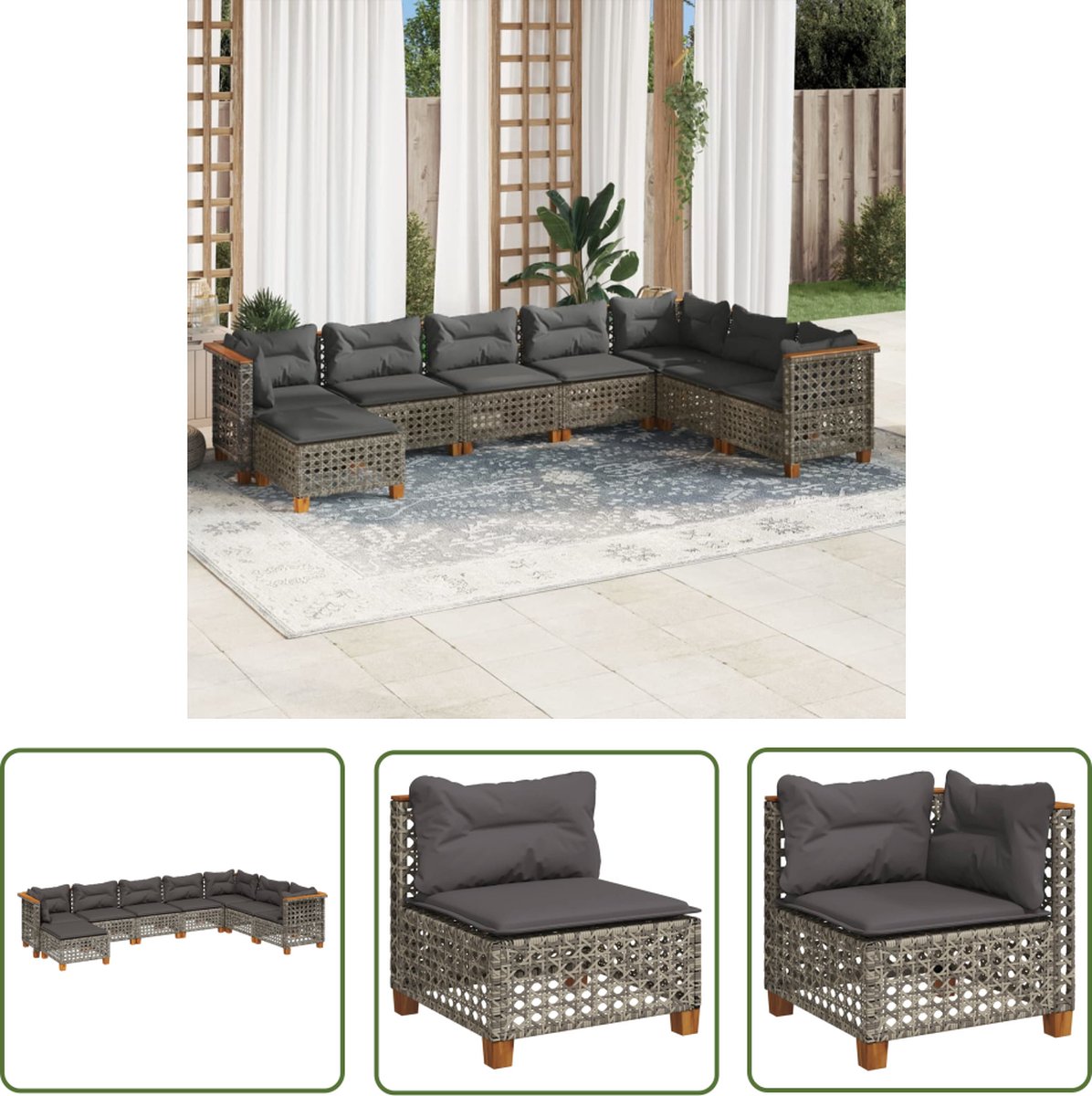 The Living Store 8-delige Loungeset met kussens poly rattan grijs - Loungebank - Tuinset - Lounge Set - Buitendecoratie - Outdoor Furniture