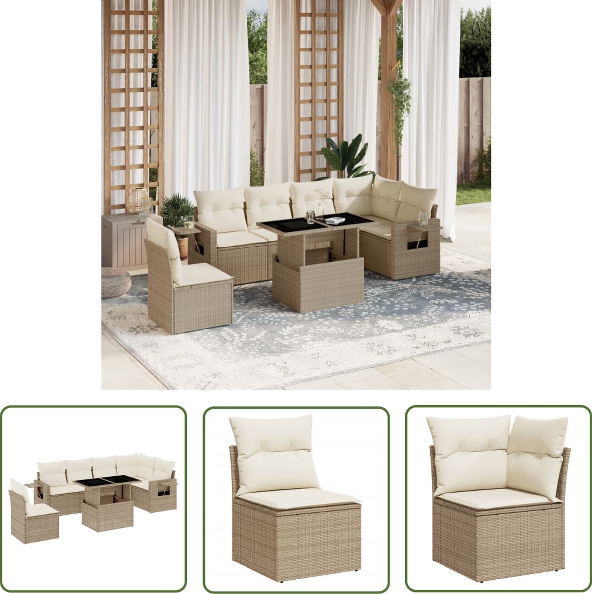 The Living Store 7-delige Loungeset met kussens poly rattan beige - Loungeset - Tuinmeubelen - Lounge Set - Buitendecoratie - Outdoor Furniture