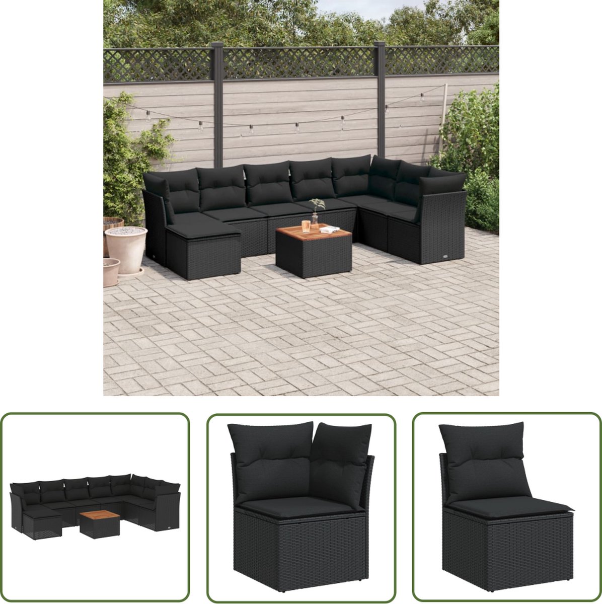 Zwarte poly rattan loungeset met kussens voor buiten - The Living Store