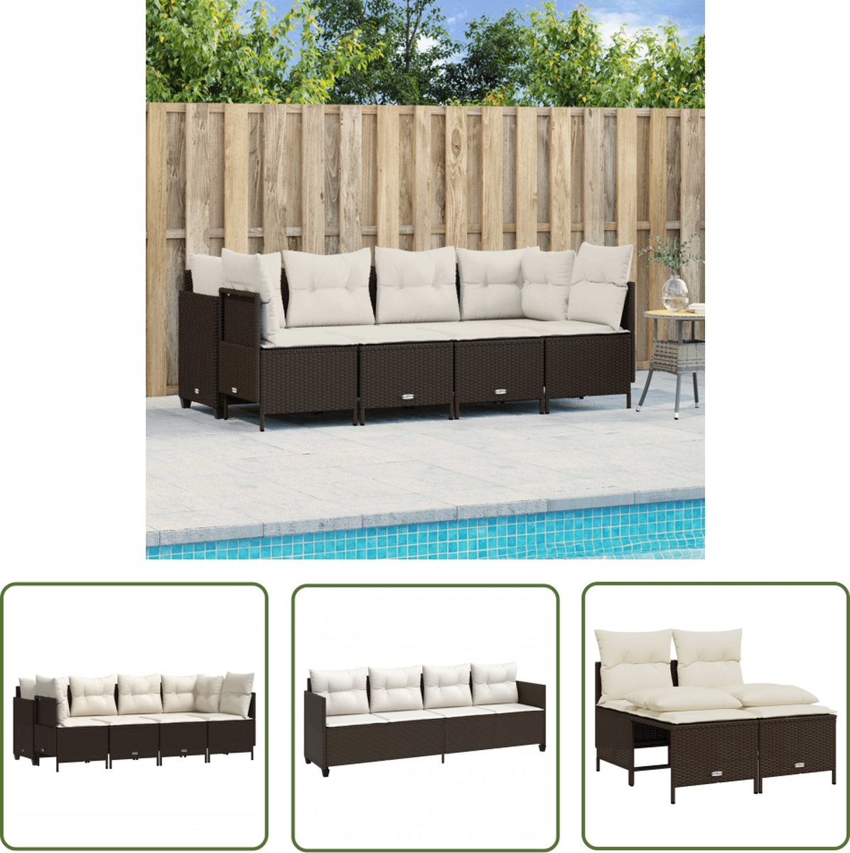 Bruine poly rattan loungeset met kussens voor buiten - The Living Store.
