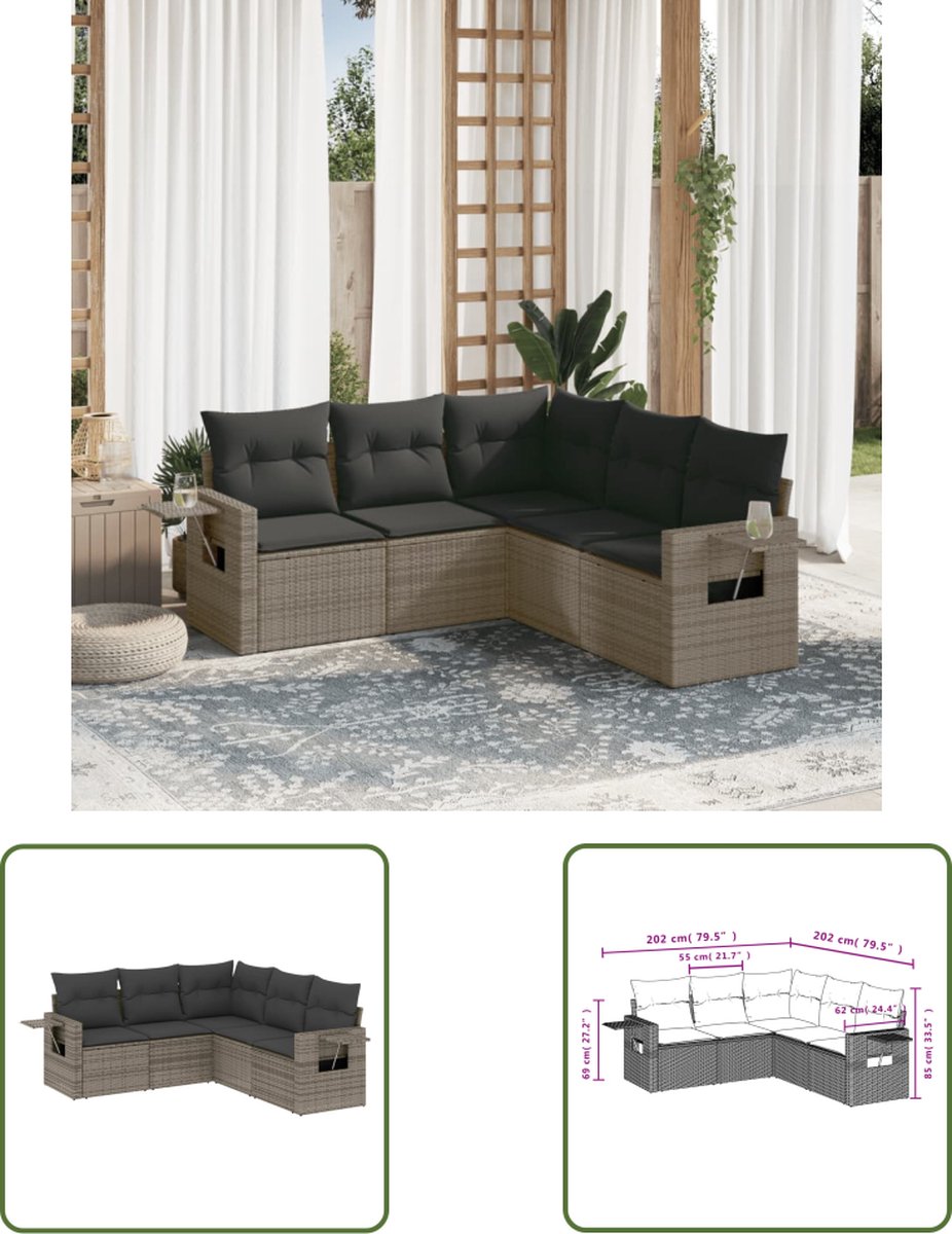 The Living Store 5-delige Loungeset met kussens poly rattan grijs - Loungeset - Tuinset - Lounge Set - Buitendecoratie - Tuinbank