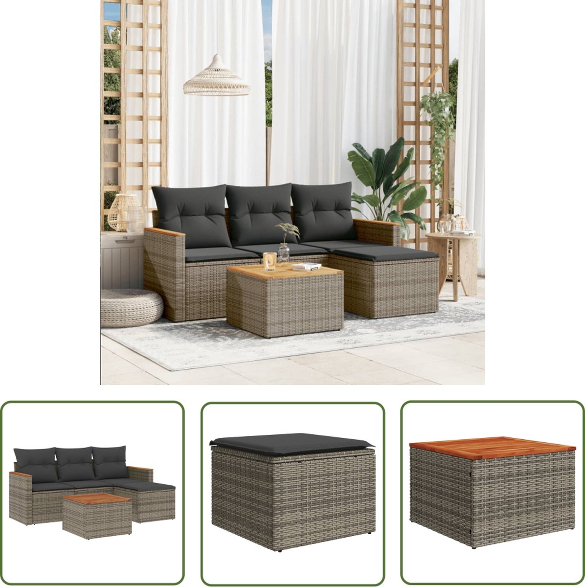 Poly rattan grijze loungeset met kussens en tuinmeubels - The Living Store.
