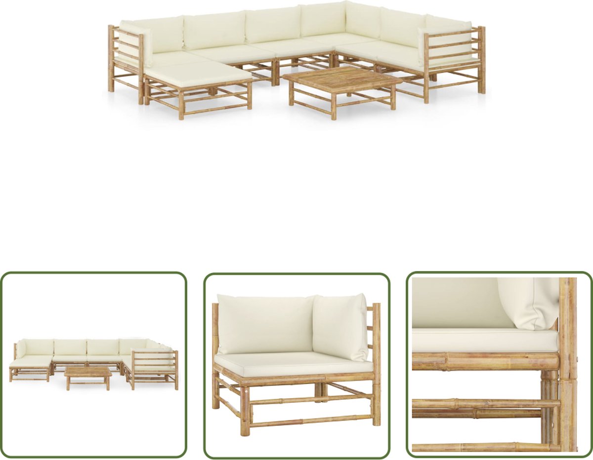Loungeset van bamboe met crèmewitte kussens voor tuin en balkon.