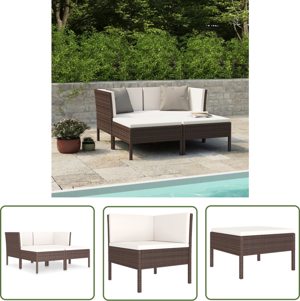 Bruine poly rattan loungeset met kussens voor buiten - The Living Store.