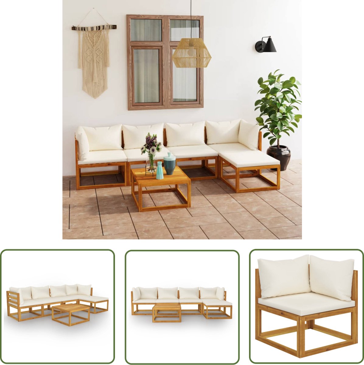 The Living Store 6-delige Loungeset met kussens massief acaciahout crème - Loungeset - Tuinset - Acacia Hout - Lounge Bank - Loungebank