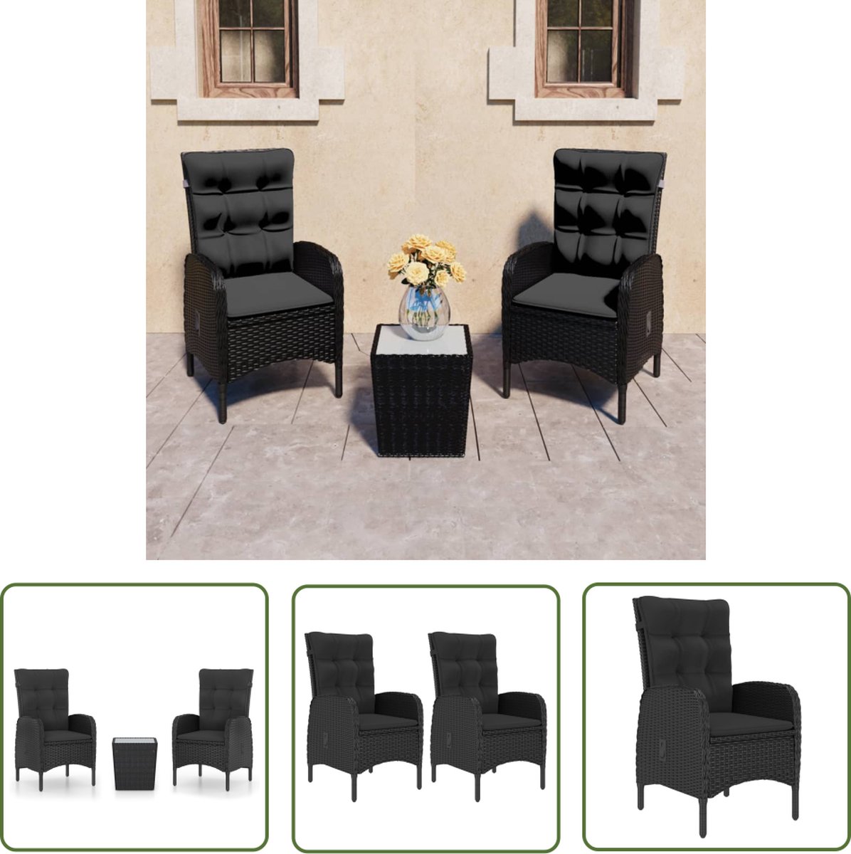 The Living Store 3-delige Bistroset poly rattan en glas zwart - Tuinsets - Bistroset - Buitendineren - Lounge Set - Terrassen Meubilair