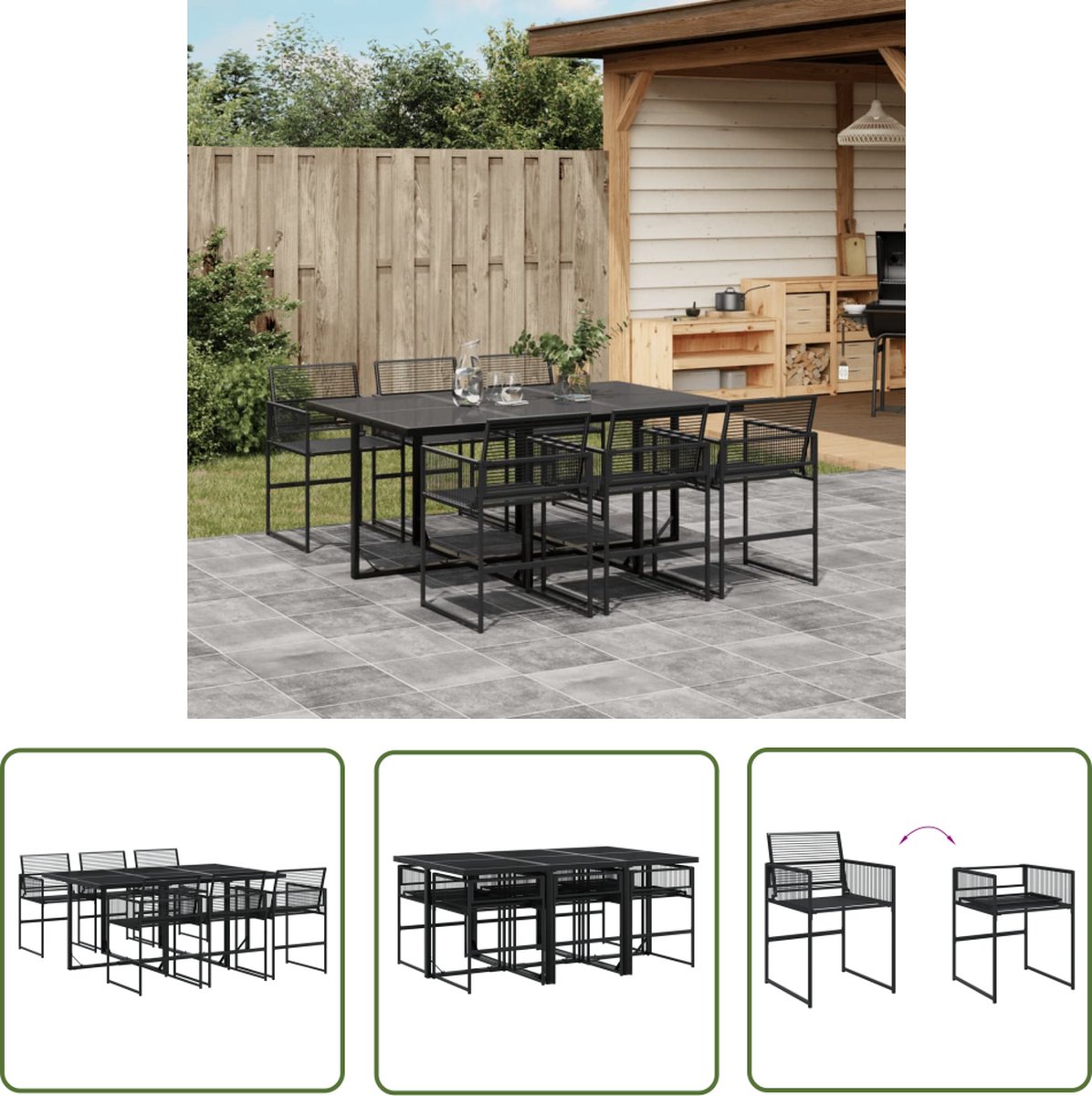 The Living Store 7-delige Tuinset poly rattan zwart - Tuin Set - Eetkamerset - Buitentijd - Outdoor Furniture - Lounge Set