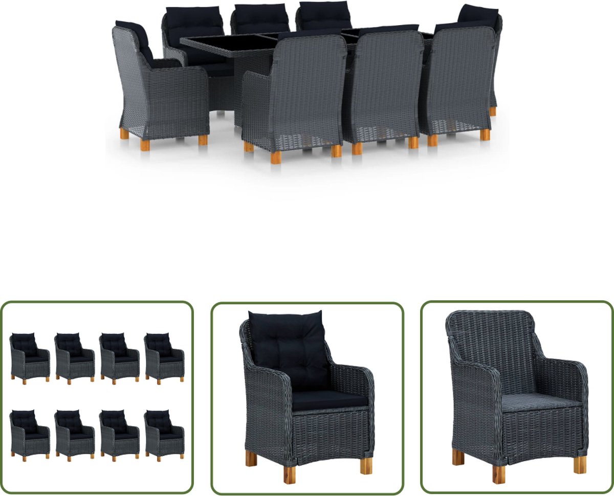 The Living Store 9-delige Tuinset met kussens poly rattan donkergrijs - Tuinmeubels - Eetkamerstoel - Buitentafel - Lounge Set - Poly Rattan