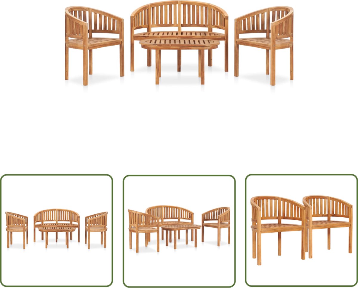 Banaanvormige massief teakhouten loungeset met loungebank en tuinmeubels.