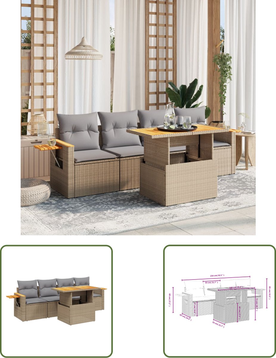 The Living Store 5-delige Loungeset met kussens poly rattan beige - Loungebank - Lounge Set - Tuinset - Buitendecoratie - Outdoor Furniture