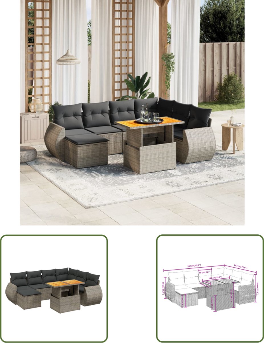 The Living Store 8-delige Loungeset met kussens poly rattan grijs - Loungebank - Lounge Set - Tuinmeubels - Buitendecoratie - Pe Rattan