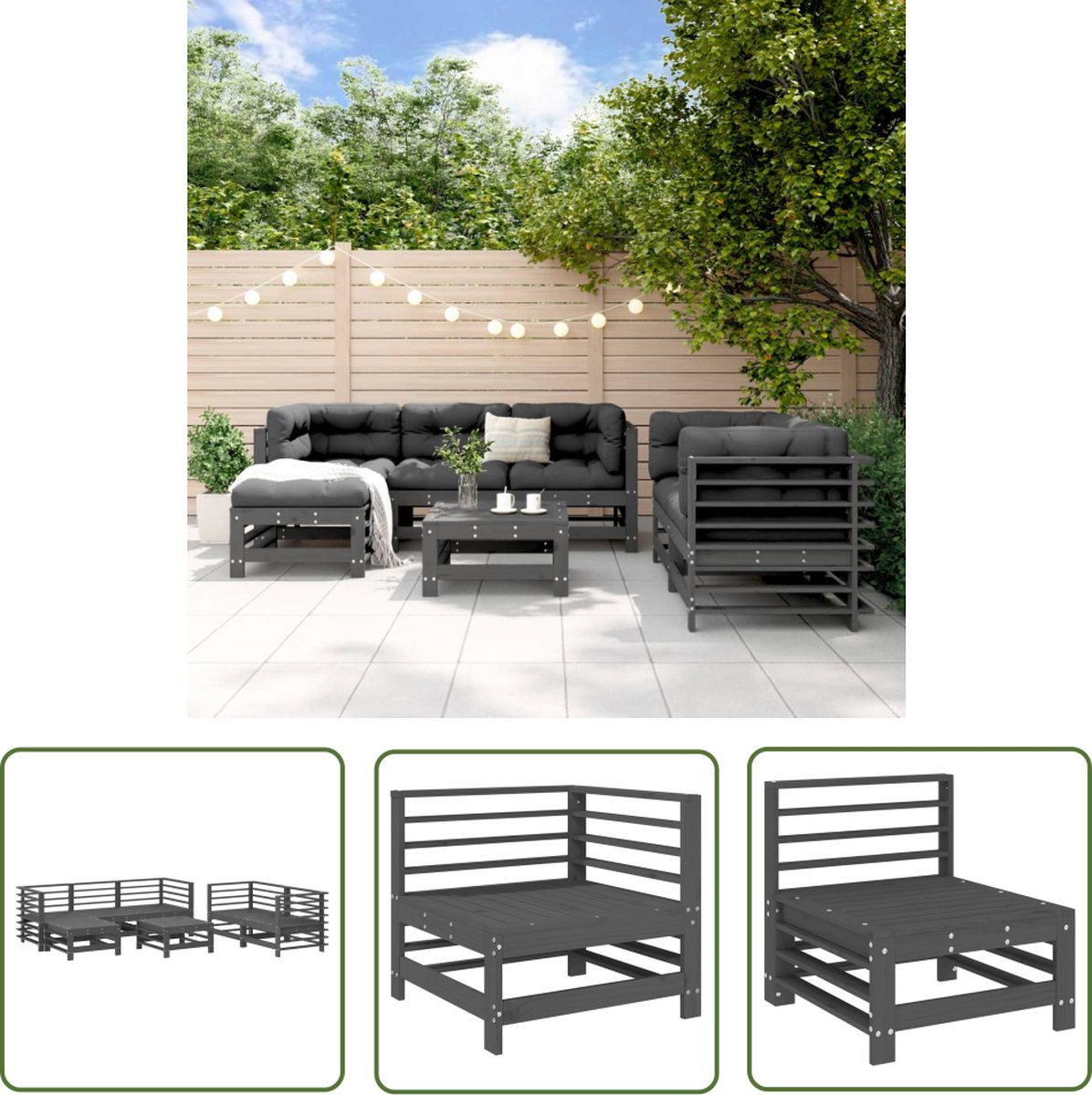 The Living Store 7-delige Loungeset massief grenenhout grijs - Loungeset - Tuinset - Hout - Grenenhout - Lounge Bank