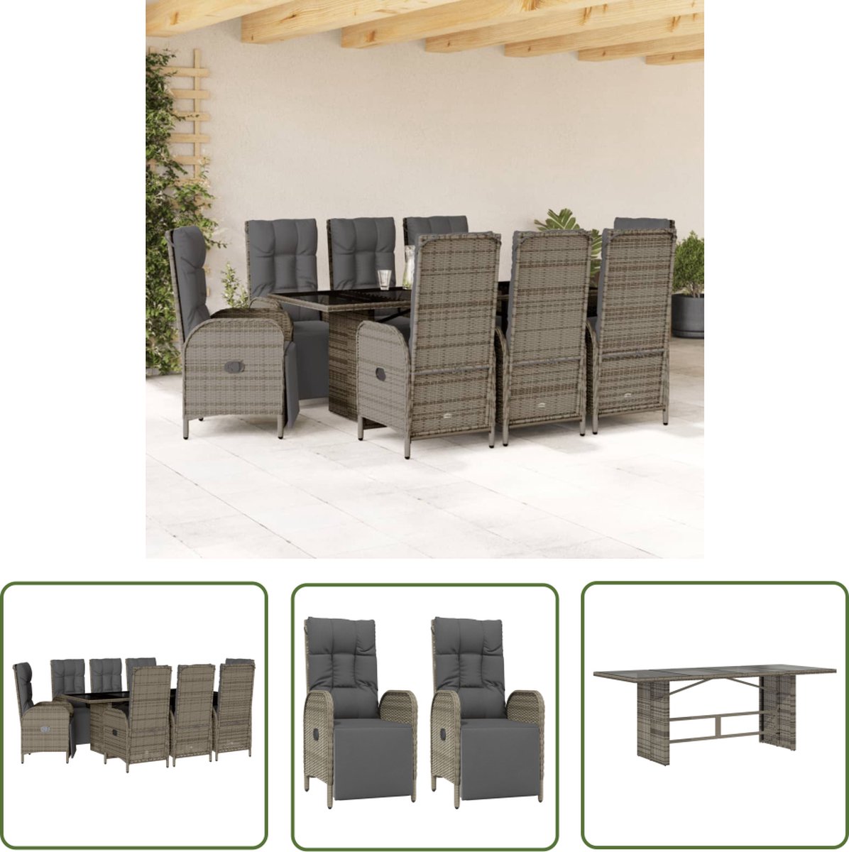 The Living Store 9-delige Tuinset met kussens poly rattan grijs - Tuinbank - Lounge Set - Buitentafel - Eetkamerset - Outdoor Furniture