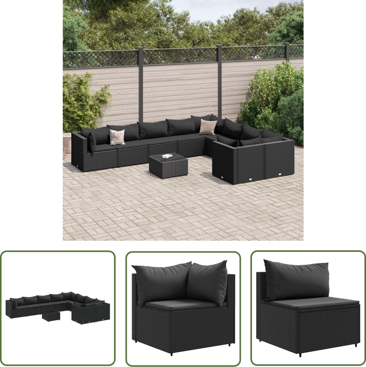 The Living Store 10-delige Loungeset met kussens poly rattan zwart - Loungeset - Tuinlounge - Lounge Set - Buitentijnen - Outdoor Furniture