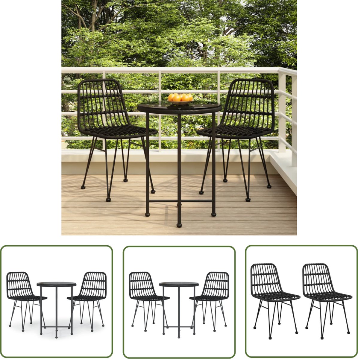 The Living Store 3-delige Tuinset poly rattan zwart - Tuinsets - Lounge Set - Outdoor Furniture - Patio Set - Teak Tafel