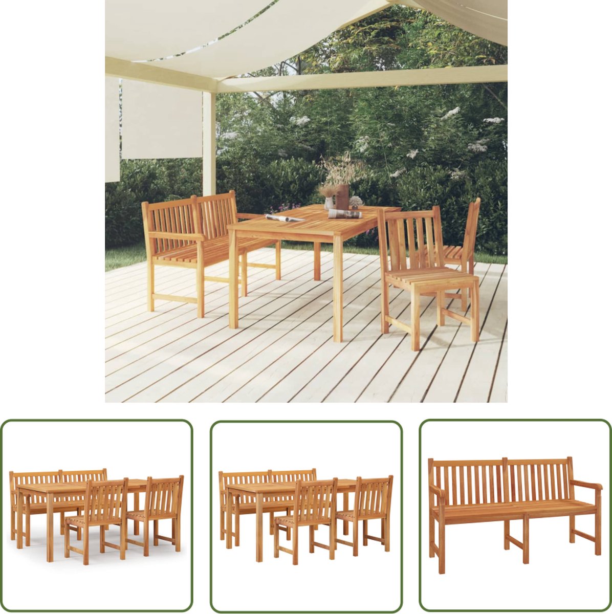 Massief teakhouten eetkamerset voor buiten met tuinbank en tuintafel.