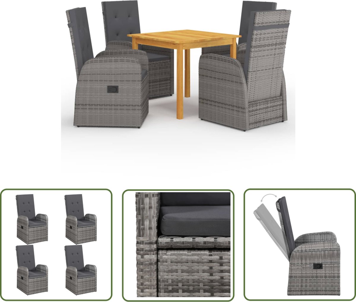 The Living Store 5-delige Tuinset grijs - Tuinstoel - Eettafel - Acacia Hout - PE Rattan - Buitendineren