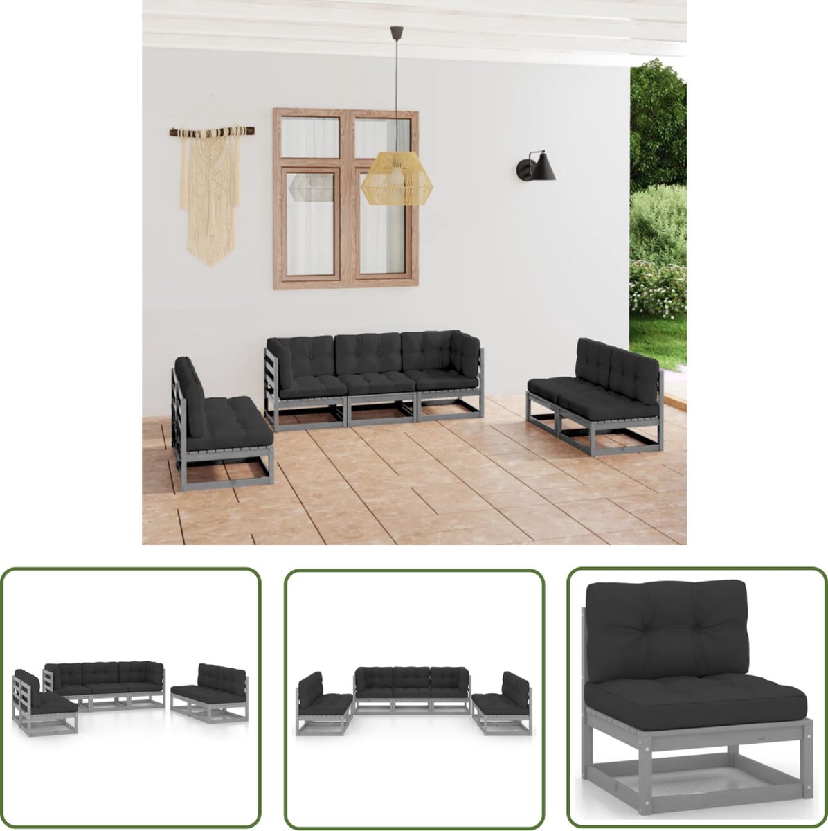 The Living Store 7-delige Loungeset met kussens massief grenenhout - Tuinmeubel - Lounge Set - Houten Bank - Tuinset - Buitendiner