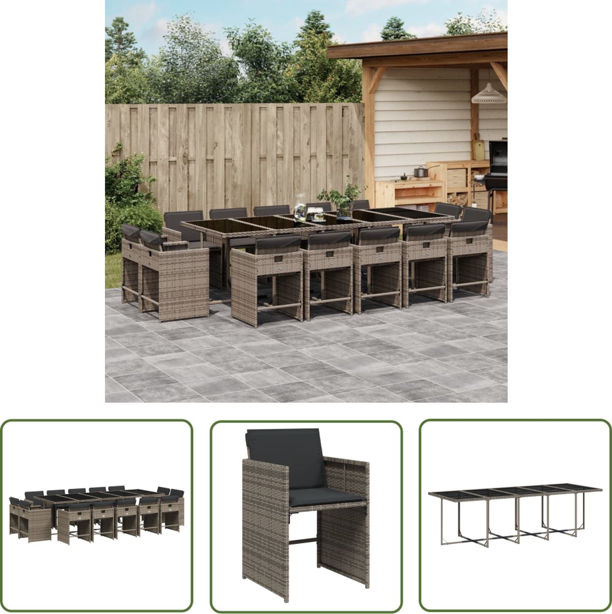 The Living Store 15-delige Tuinset met kussens poly rattan grijs - Tuinset - Eetkamer Set - Buitentijd - Lounge Set - Patio Set