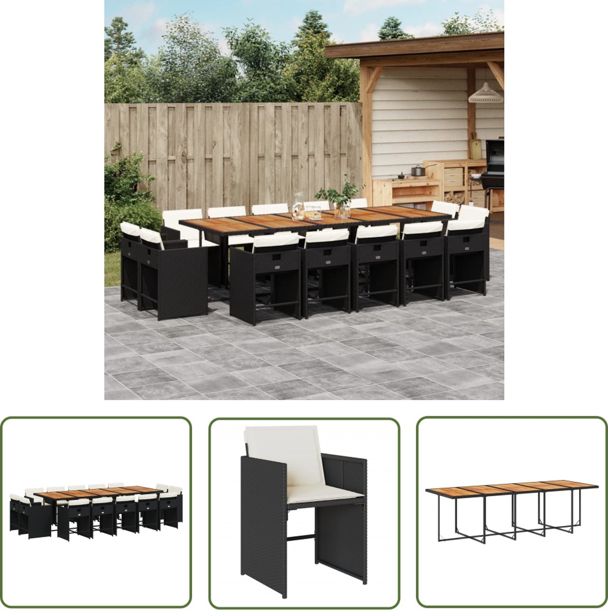 The Living Store 15-delige Tuinset met kussens poly rattan zwart - Tuinmeubelen - Lounge Set - Buitentafel - Eetkamerset - Patio Furniture