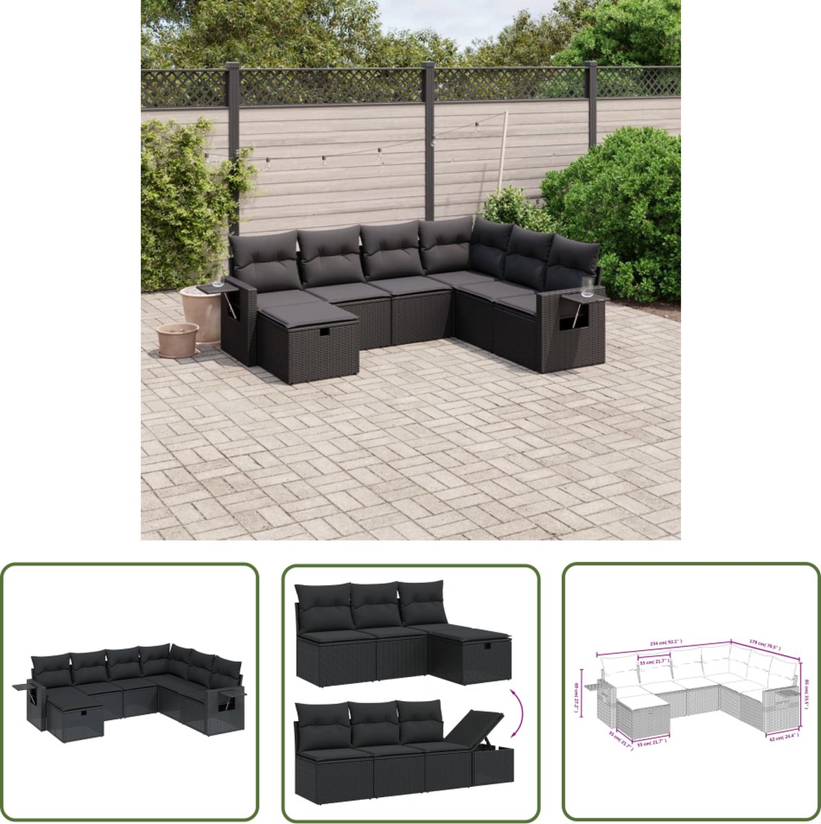 The Living Store zwarte poly rattan Loungeset met kussens.