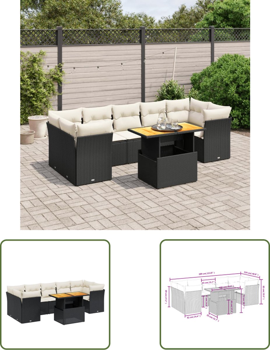Zwarte poly rattan loungeset met kussens voor buiten - Tuinmeubels.