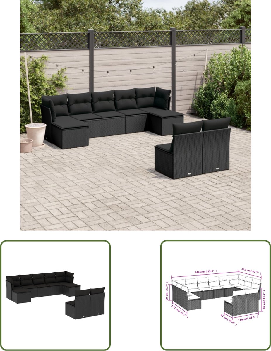 The Living Store 9-delige Loungeset met kussens poly rattan zwart - Loungebank - Lounge Set - Tuinlounge - Buitendecor - Outdoor Furniture