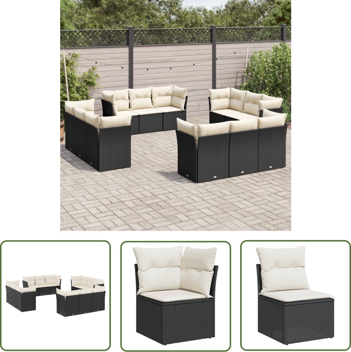 The Living Store 12-delige Loungeset met kussens poly rattan zwart - Loungebank - Tuinstoel - Lounge Set - Buitendecoratie - Outdoor Furniture