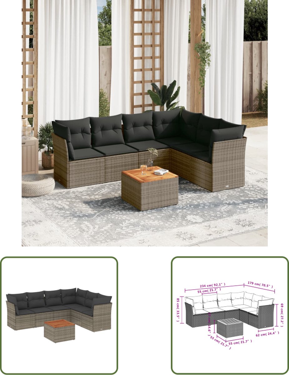 The Living Store 7-delige Loungeset met kussens poly rattan grijs - Loungebank - Lounge Set - Tuinmeubels - Buitendining - Teak