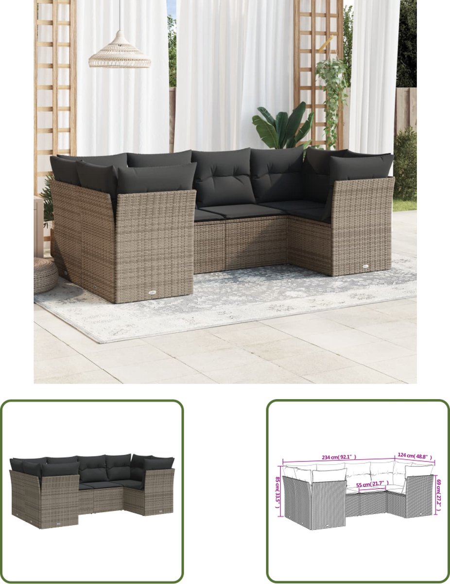 The Living Store 6-delige Loungeset met kussens poly rattan grijs - Loungeset - Tuinset - Loungehoek - Buitendecoratie - Tuinbank