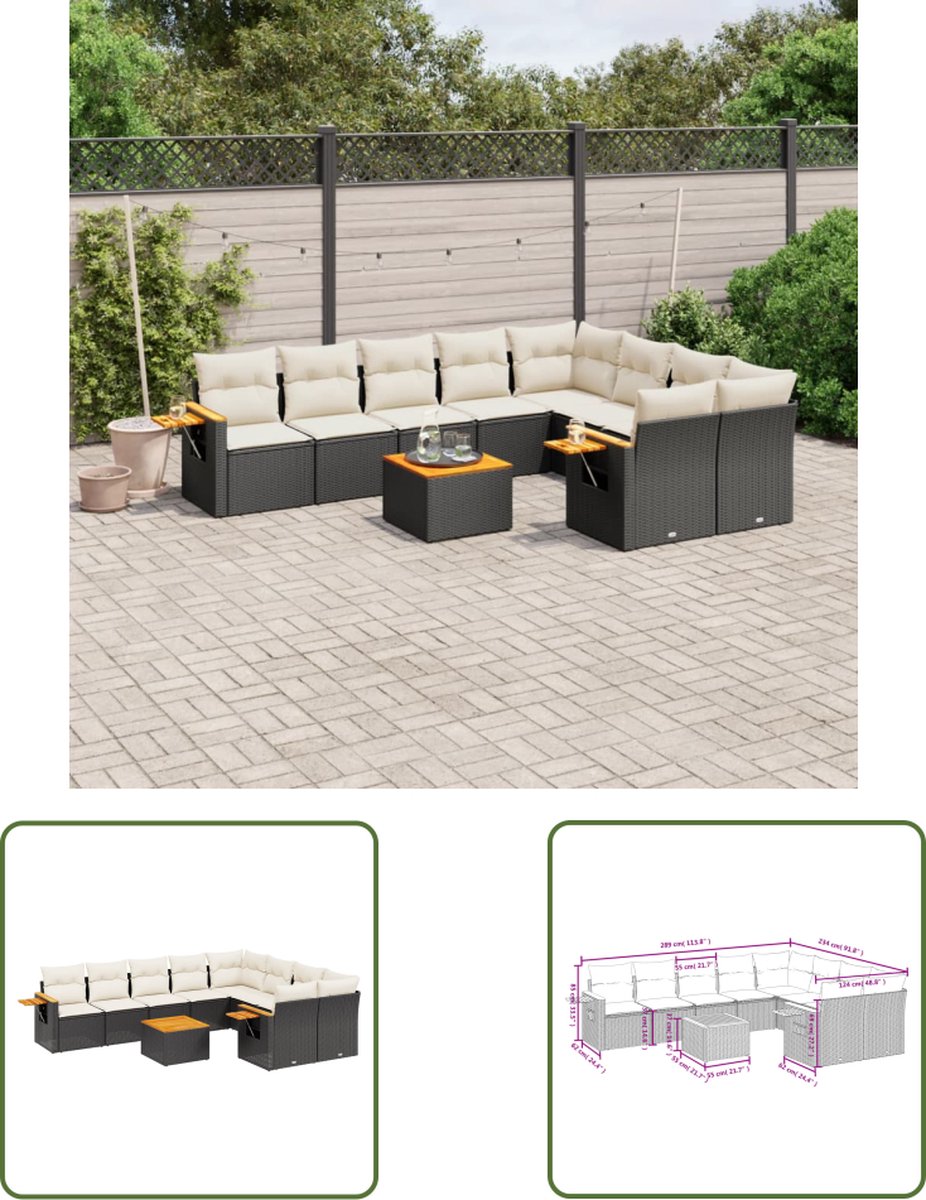 Poly rattan loungeset in zwart met kussens - The Living Store.