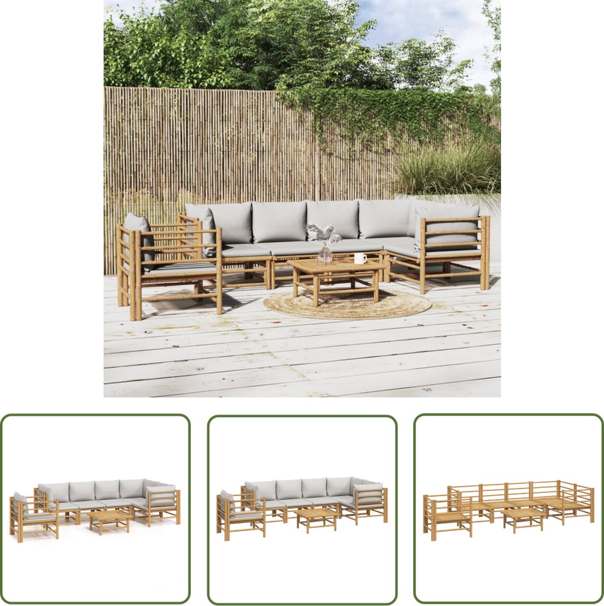 The Living Store 7-delige Loungeset met lichtgrijze kussens bamboe - Tuinset - Bamboemeubel - Lounge Set - Buis Meubel - Buitenkamer