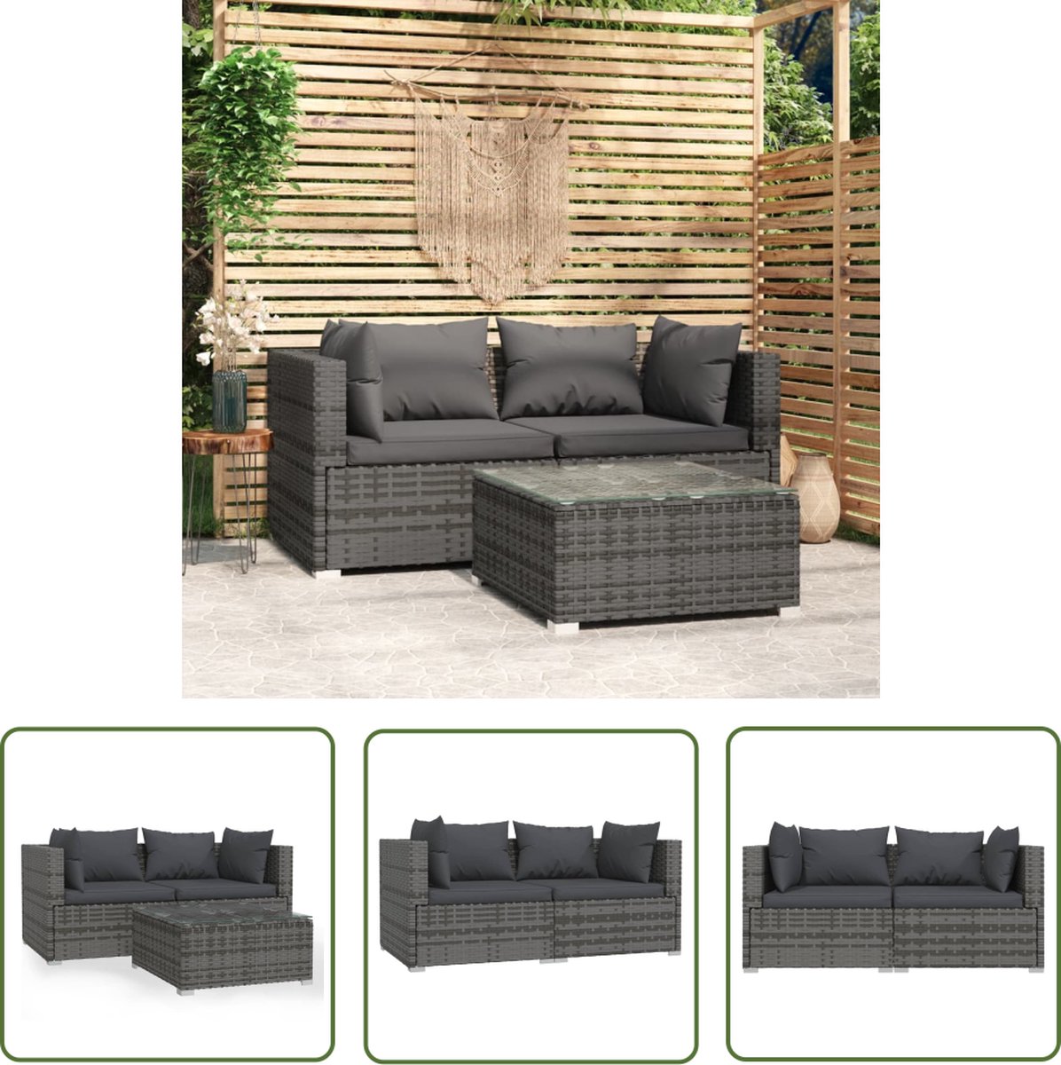 The Living Store 3-delige Loungeset met kussens poly rattan grijs - Tuinstoel - Lounge Set - Buitentijnen - Patio Set - Loungebank