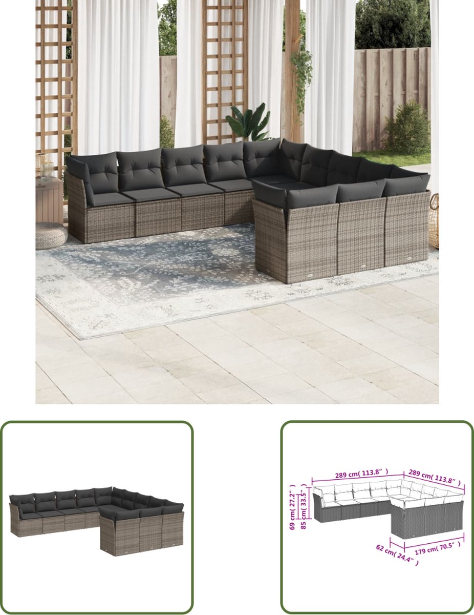 Grijze poly rattan loungeset met kussens voor buiten - The Living Store.