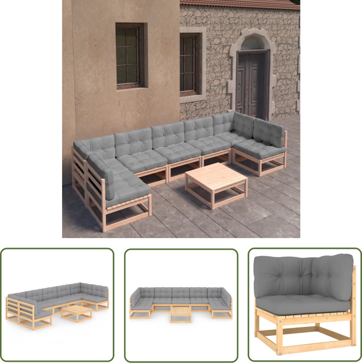 The Living Store 8-delige Loungeset met kussens massief grenenhout - Tuinmeubles - Lounge Set - Houten Bank - Grenenhout - Loungebank