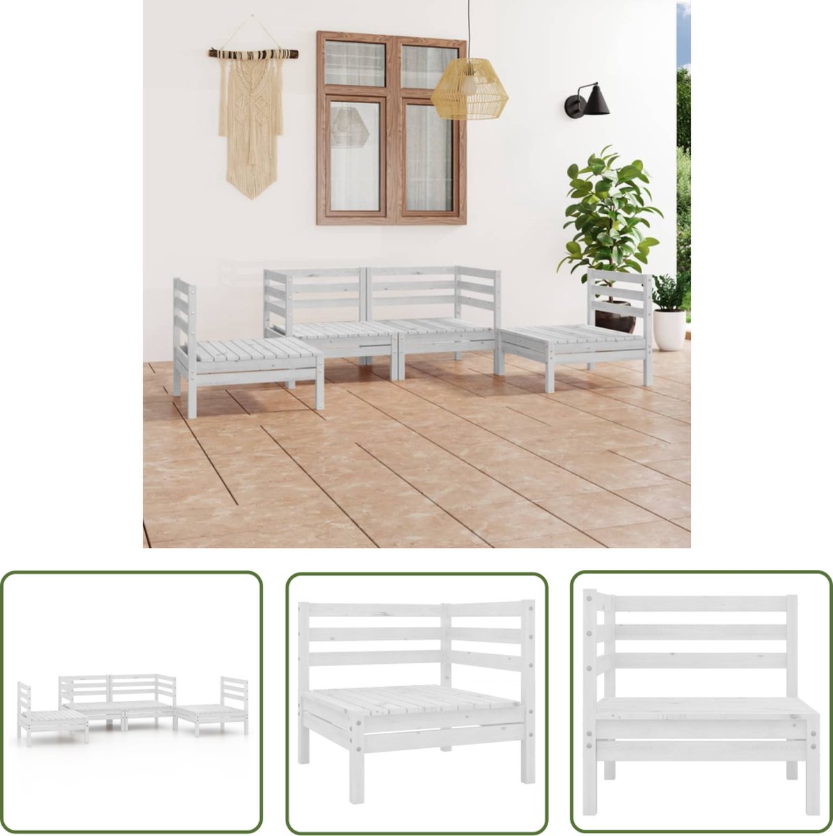 The Living Store 4-delige Loungeset massief grenenhout wit - Loungeset - Lounge Set - Houten Bank - Buitendrank - Tuinstoel