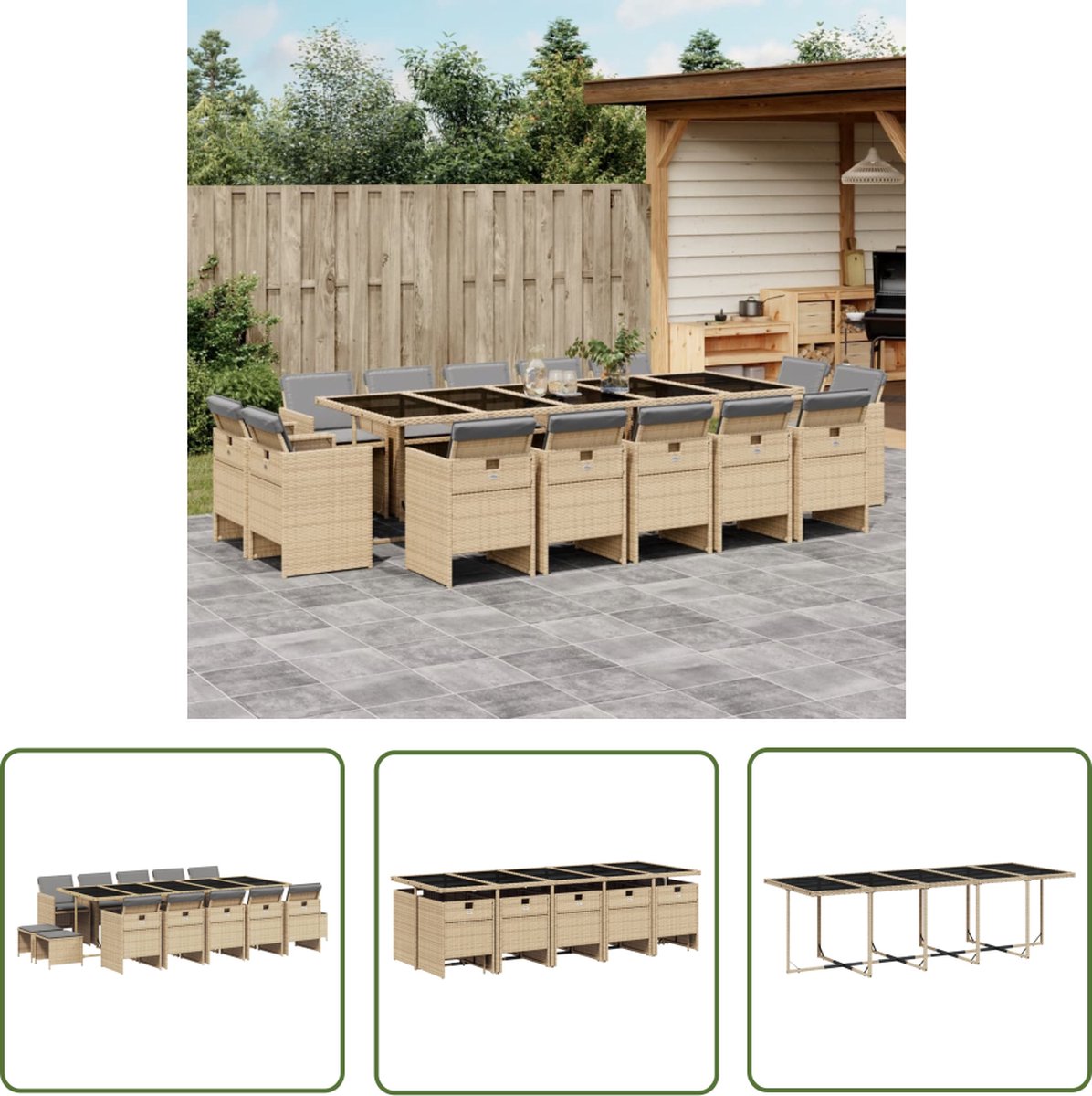 The Living Store 15-delige Tuinset met kussens poly rattan gemengd beige - Tuinset - Buitendecoratie - Lounge Set - Eetkamerset - PE Rattan