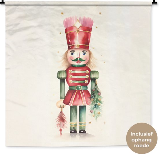 Wandkleed 120x120 cm - Wanddoek Notenkraker - Kerst - Rood - Watercolor - Feestdagen - Wandtapijt - Wandkleden