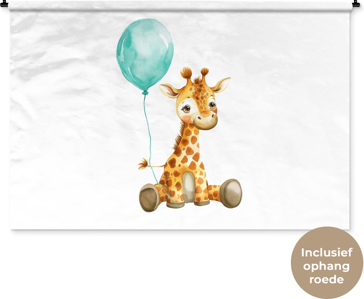 Wandkleed 180x120 cm - Wanddoek Giraf - Baby - Dieren - Blauwe ballon - Wandtapijt - Wandkleden