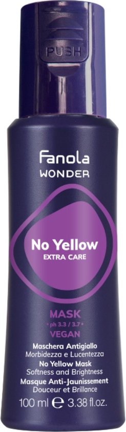 Fanola Wonder No Yellow Extra Care Haarmasker in donkerpaarse fles met paarse dop. Tekst 'No Yellow EXTRA CARE MASK VEGAN'.
