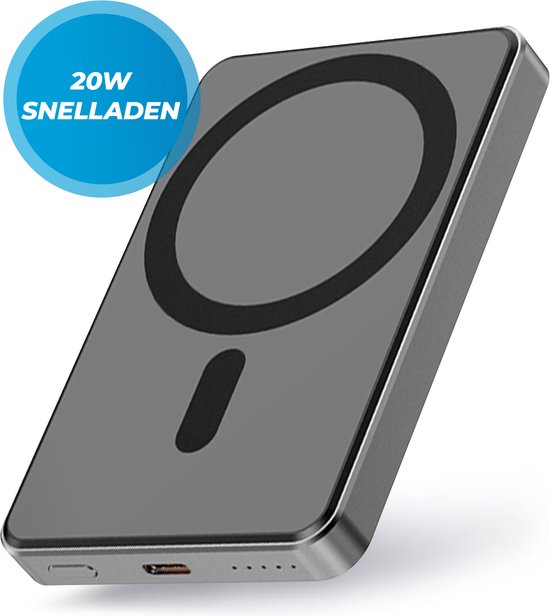 Draadloze Powerbank 5000mAh - 20W Snellader - Geschikt voor MagSafe - 1x USB C input en output - USB-C kabel en Magnetische ring meegeleverd - Powerbank klein - Powerbank lichtgewicht - Zwart