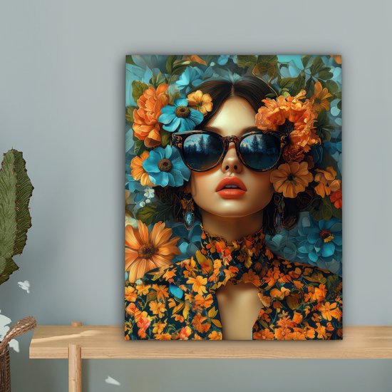 Canvas schilderij 30x40 cm - Wanddecoratie Vrouw - Bloemen - Oranje - Blauw - Modern - Muurdecoratie woonkamer - Slaapkamer decoratie - Kamer accessoires - Schilderijen op canvas