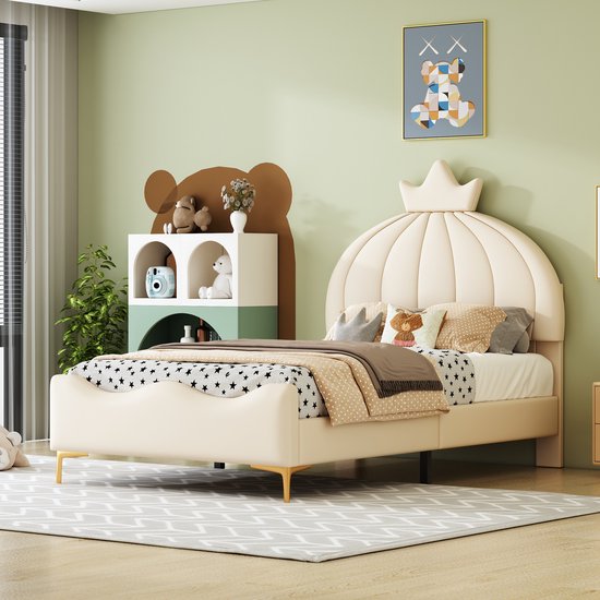 Lit enfant Gutent, Beige (Sans matelas), 90 * 200 cm, Lits Garçons et filles, Tête de lit de type dessin animé avec arcs-boutants, extrémité incurvée simple, tissu simili cuir, structure haute en métal avec sommier à lattes