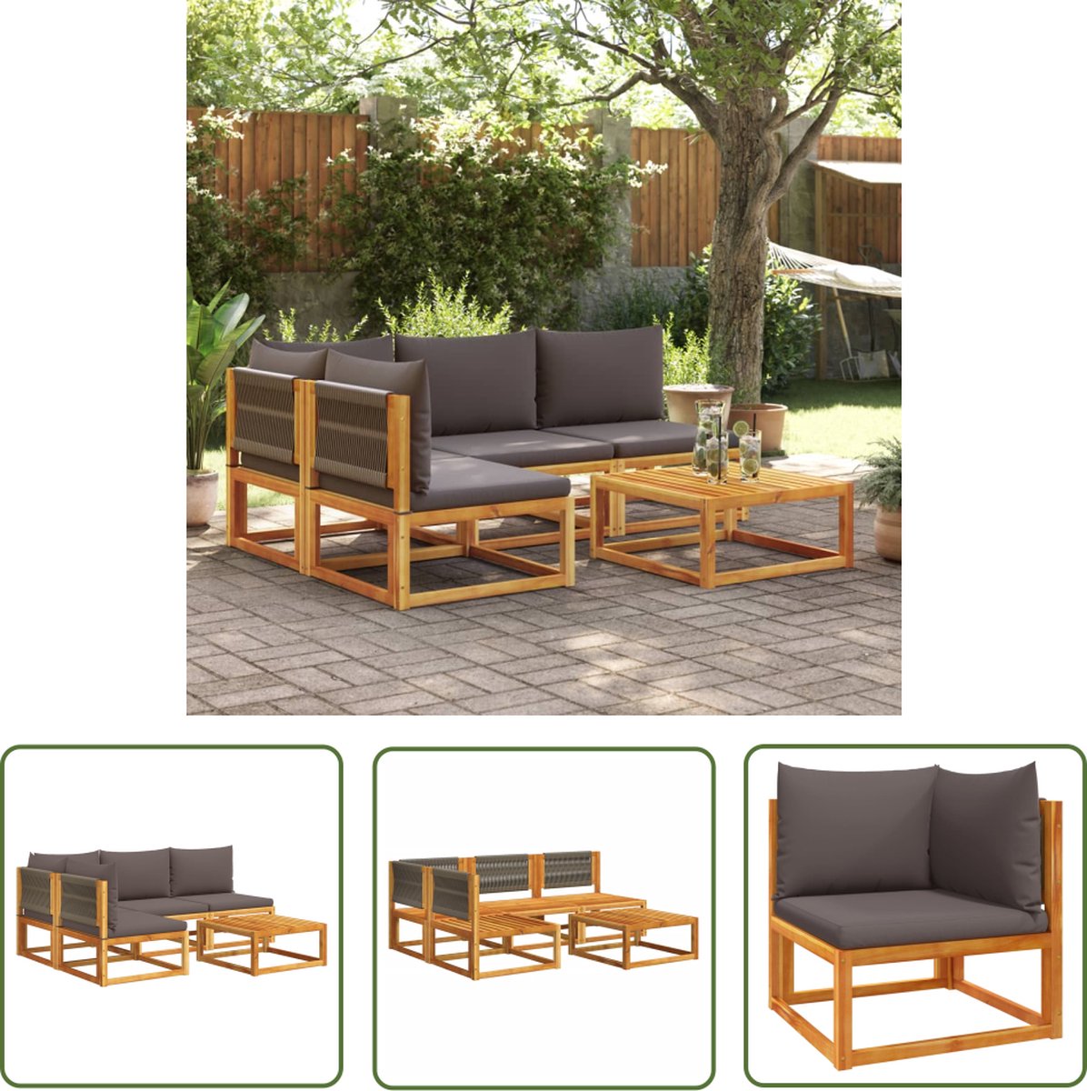 Acaciahouten loungeset met grijs touw - modulair ontwerp - buitendecoratie.