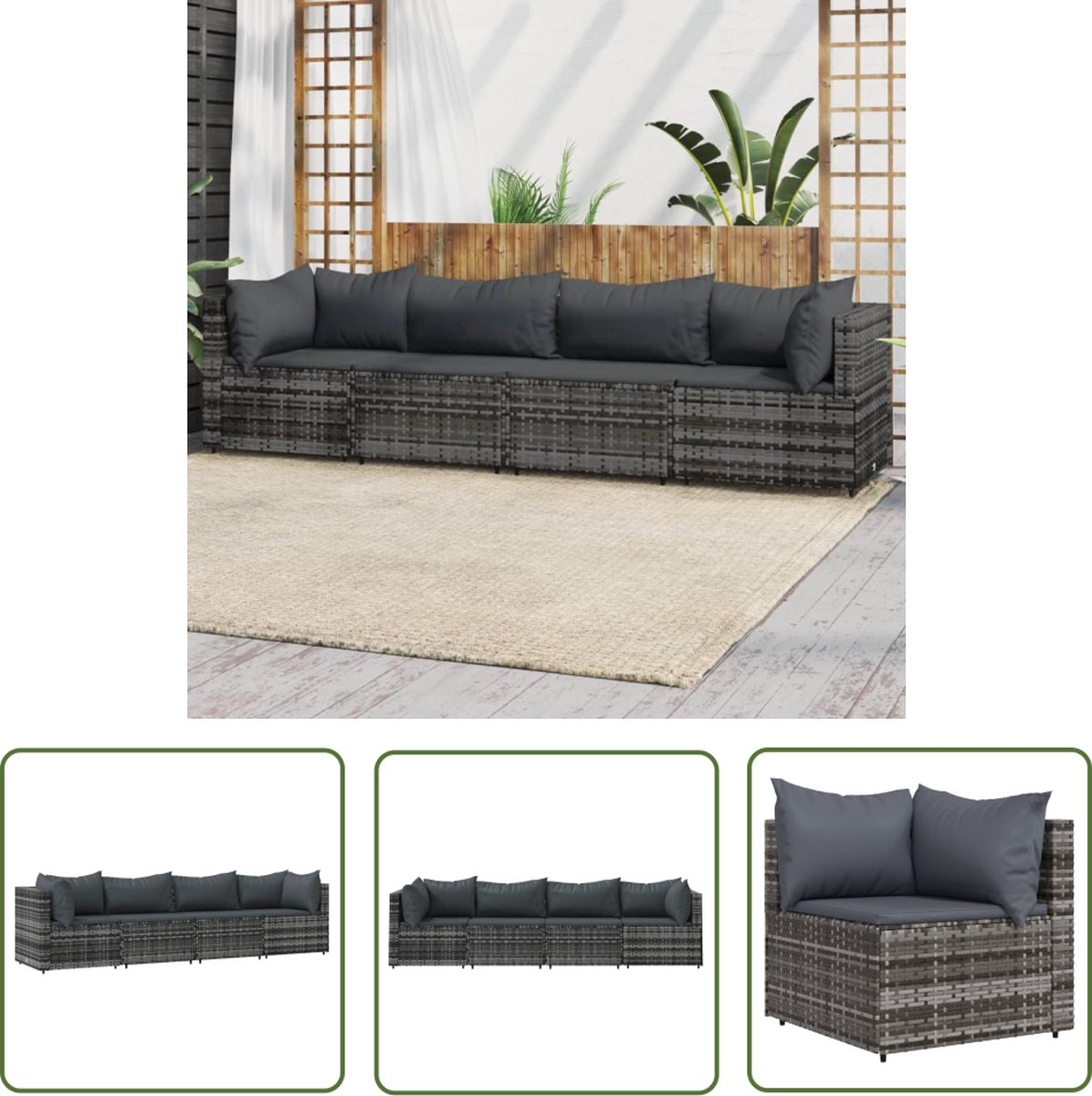 The Living Store Loungeset Modulair - Grijs - PE-rattan - Stalen frame - Weerbestendig Loungeset - Lounge - Tuinset - Outdoor Furniture - Patio Set - Veranda Set - Teak Tafel - Aluminium Stoel - Kunststof Meubel