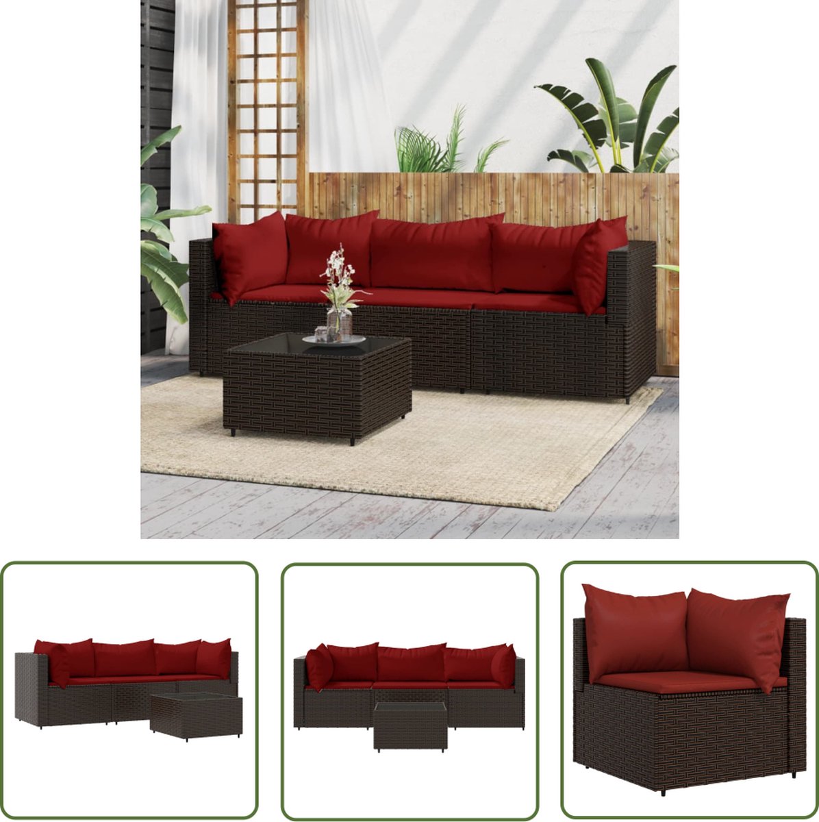 Hoekbank loungeset van bruin PE-rattan met salontafel voor buiten.