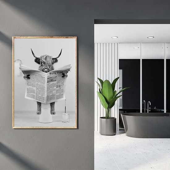 Dazzlewall Set van 4 Grappige Highland Koe Posters, Landelijke Boerenhuis Stijl voor Badkamer Toilet 20×25 cm Ongelijst