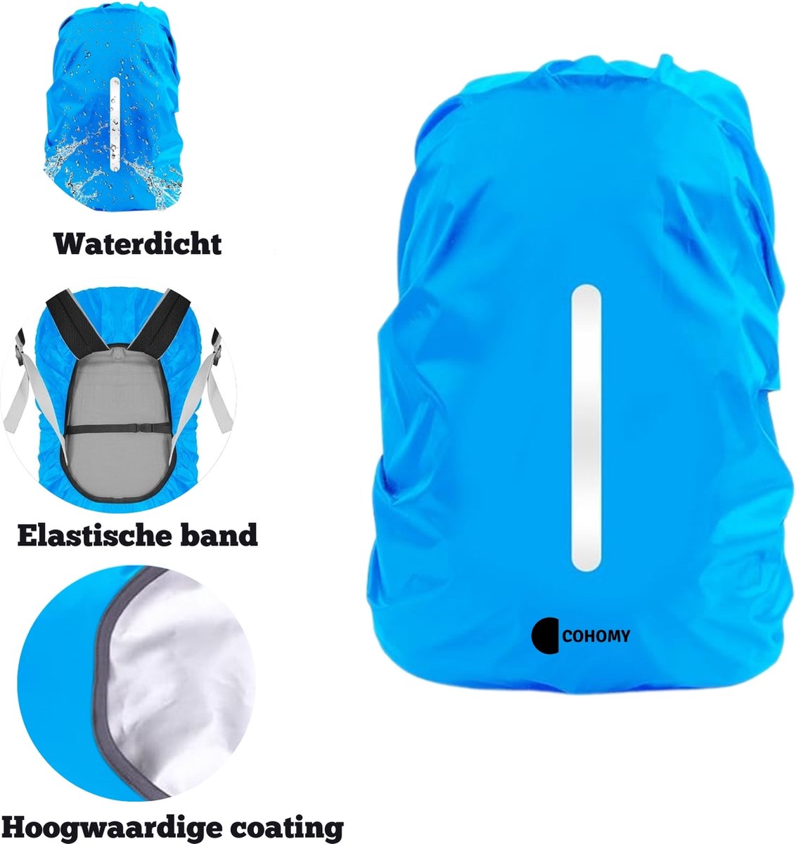 CoHomy - Regenhoes rugzak - Waterdicht - 25 tot 35 liter - Universeel - Reflecterend - Blauw