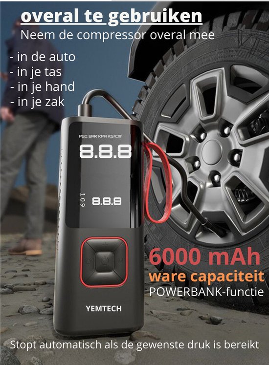 Yemtech® Elektrische Fietspomp - Elektrische Autobanden pomp - Luchtcompressor 6000 mAh - Powerbank - USB-C — afbeelding 4
