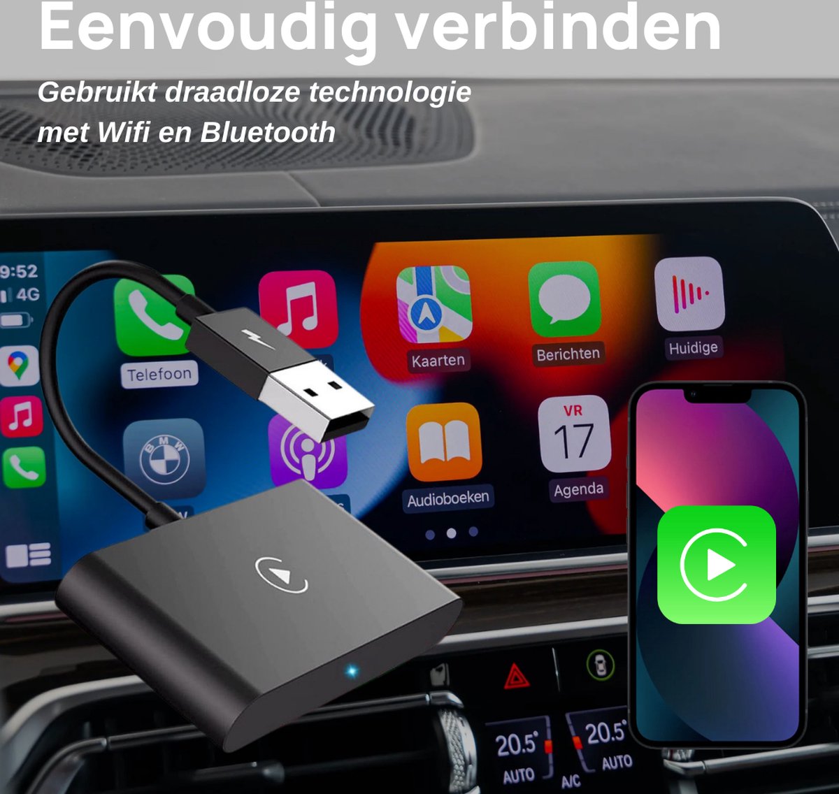 CarPlay draadloze adapter voor Apple iPhone iOS 10 , USB C/A Carplay Wireless Plug and Play, de Mini Car Play Stick zet bedrading om in draadloos voor auto's (Android niet ondersteund